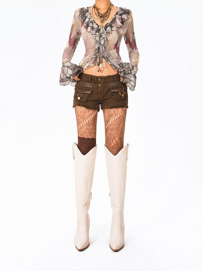 Arielink Vintage Wash Distressed Cargo Low Rise Frayed Hem Women's Brown Denim Shorts
