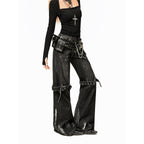 Arielink Washed Distressed Low Waist Pocket Punk Women's Denim Wide-leg Jeans 995725282334