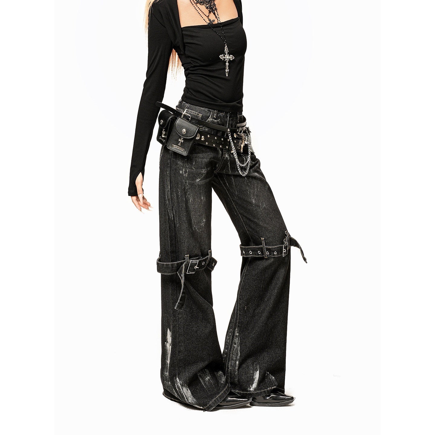 Arielink Washed Distressed Low Waist Pocket Punk Women's Denim Wide-leg Jeans 995725282334