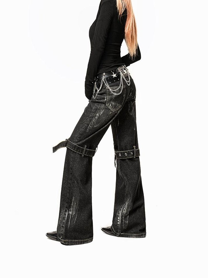 Arielink Washed Distressed Low Waist Pocket Punk Women's Denim Wide-leg Jeans