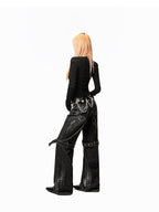 Arielink Washed Distressed Low Waist Pocket Punk Women's Denim Wide-leg Jeans