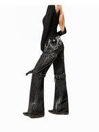 Arielink Washed Distressed Low Waist Pocket Punk Women's Denim Wide-leg Jeans
