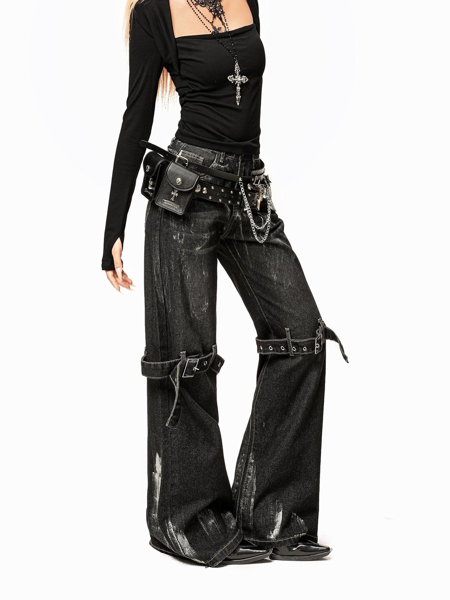 Arielink Washed Distressed Low Waist Pocket Punk Women's Denim Wide-leg Jeans