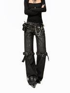 Arielink Washed Distressed Low Waist Pocket Punk Women's Denim Wide-leg Jeans
