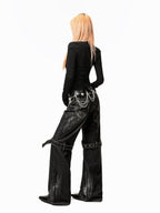 Arielink Washed Distressed Low Waist Pocket Punk Women's Denim Wide-leg Jeans