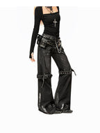 Arielink Washed Distressed Low Waist Pocket Punk Women's Denim Wide-leg Jeans