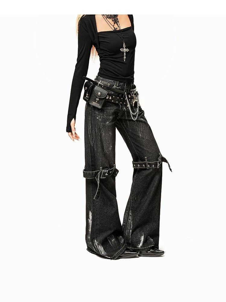 Arielink Washed Distressed Low Waist Pocket Punk Women's Denim Wide-leg Jeans