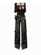 Arielink Washed Distressed Low Waist Pocket Punk Women's Denim Wide-leg Jeans