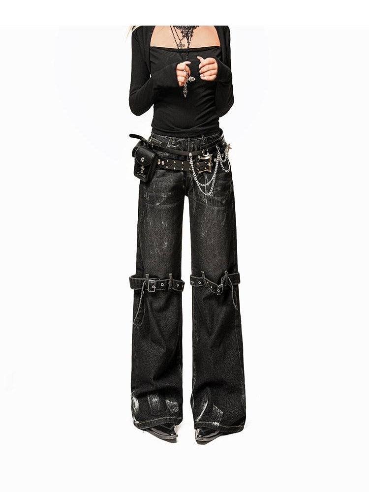 Arielink Washed Distressed Low Waist Pocket Punk Women's Denim Wide-leg Jeans