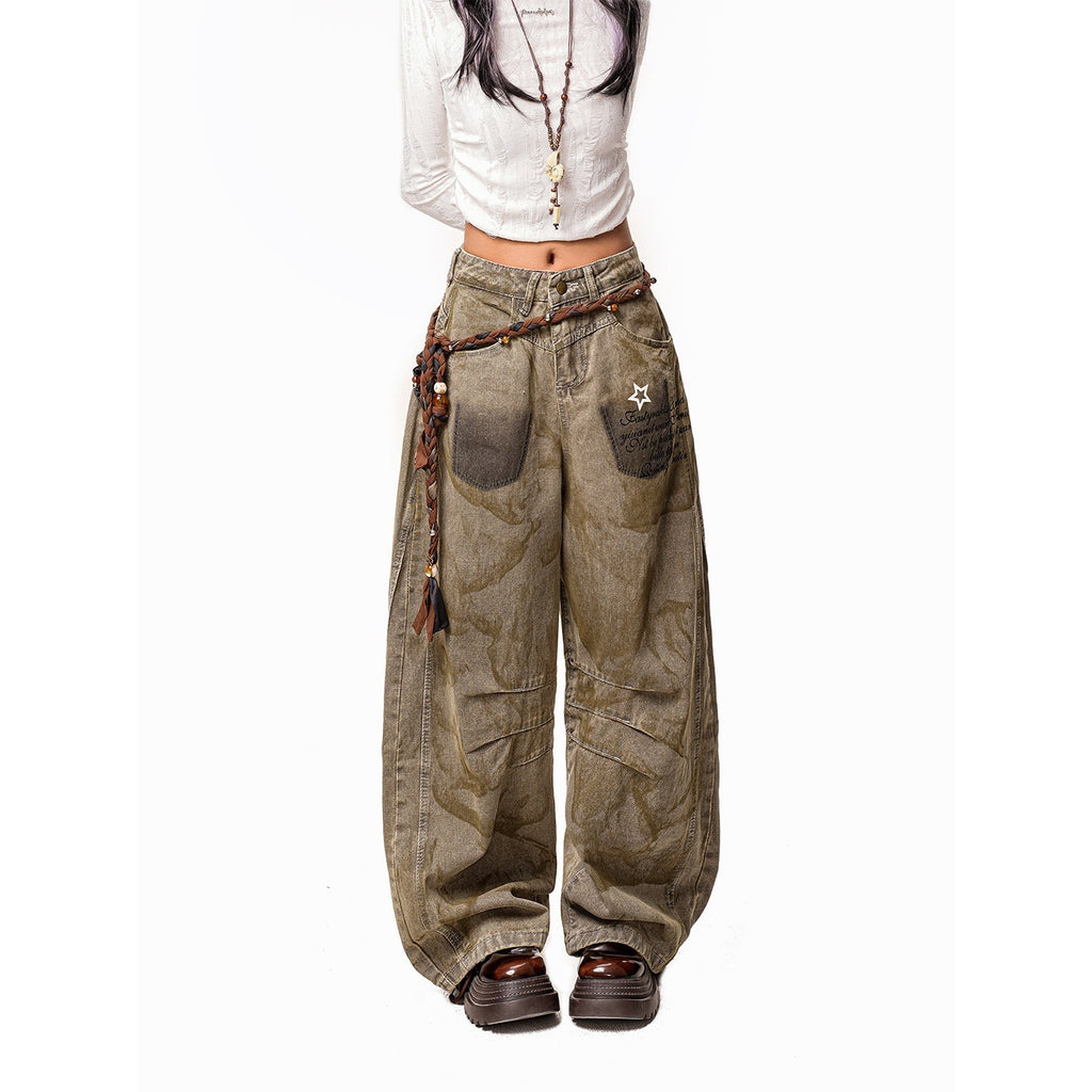 Arielink Wasteland Distressed Printed Women's Denim Low Rise Button Fly Wide-leg Jeans 1008779045500