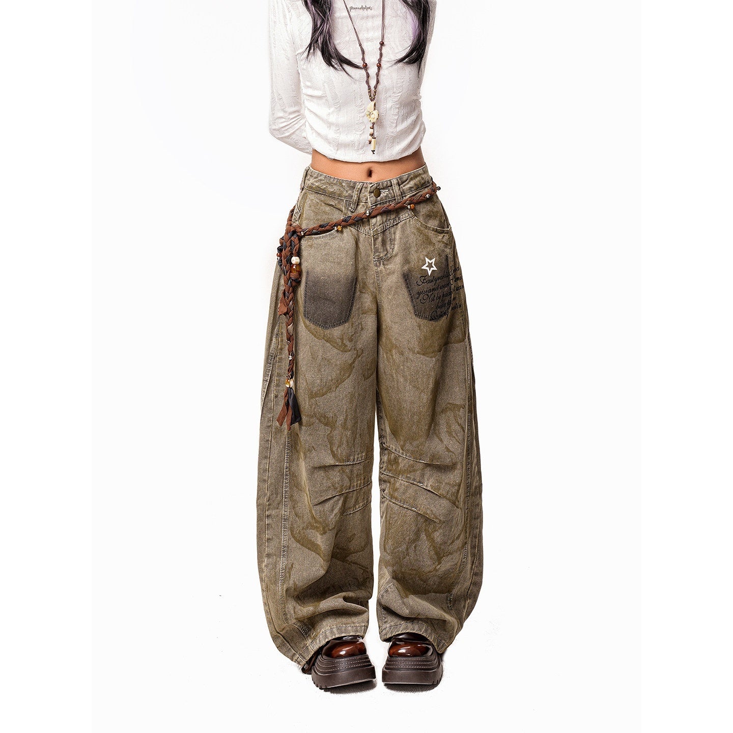 Arielink Wasteland Distressed Printed Women's Denim Low Rise Button Fly Wide-leg Jeans 1008779045500