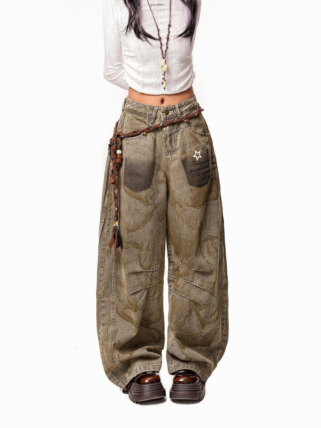 Arielink Wasteland Distressed Printed Women's Denim Low Rise Button Fly Wide-leg Jeans
