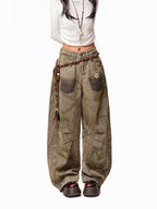 Arielink Wasteland Distressed Printed Women's Denim Low Rise Button Fly Wide-leg Jeans