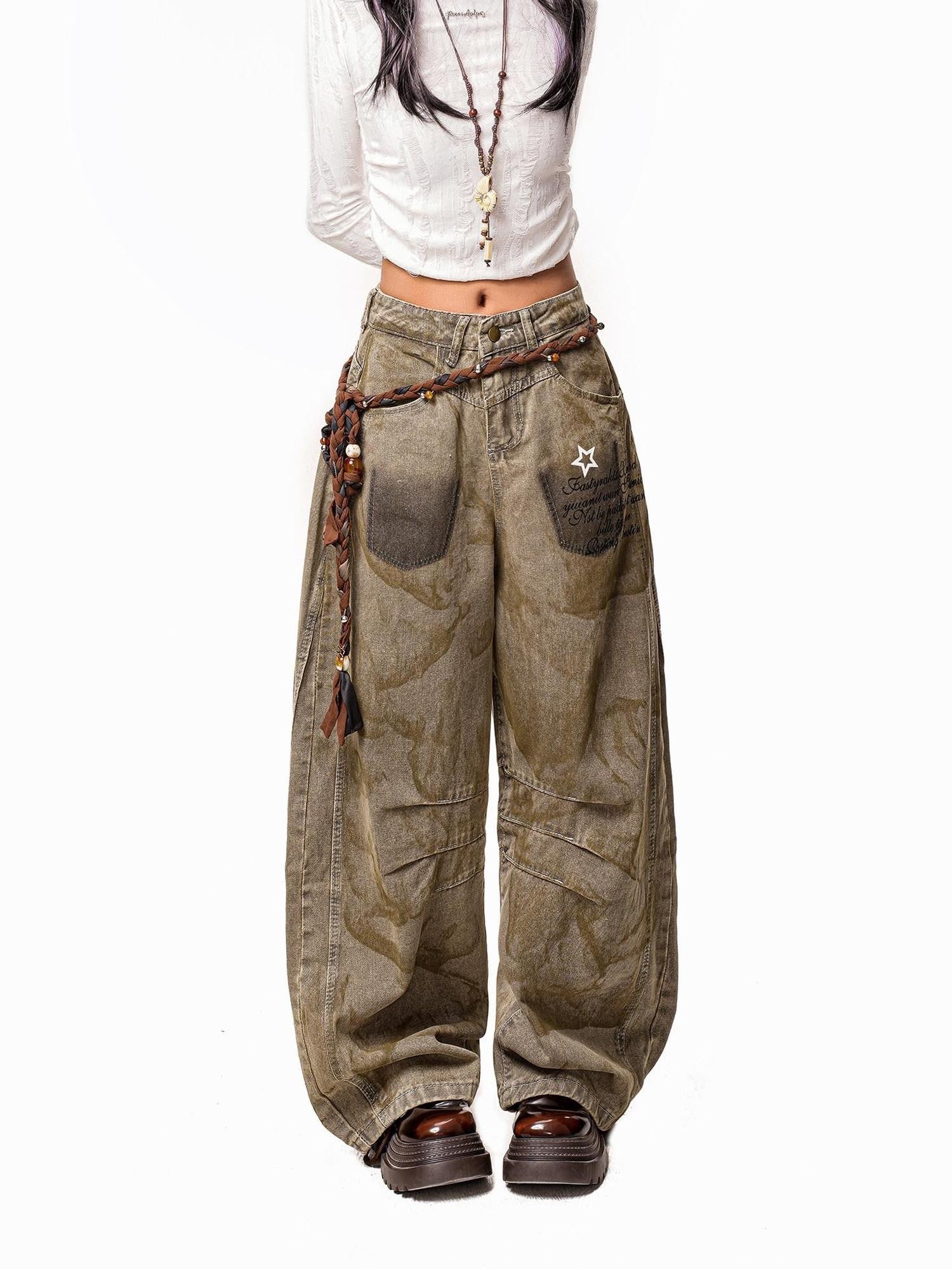 Arielink Wasteland Distressed Printed Women's Denim Low Rise Button Fly Wide-leg Jeans
