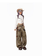 Arielink Wasteland Distressed Printed Women's Denim Low Rise Button Fly Wide-leg Jeans
