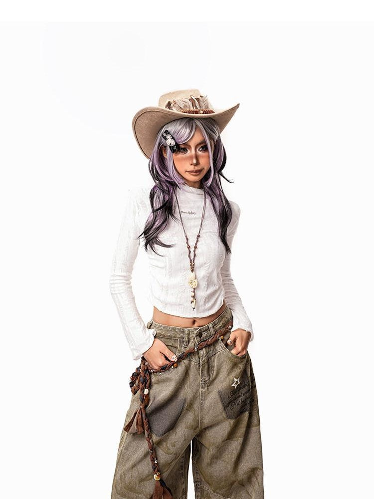 Arielink Wasteland Distressed Printed Women's Denim Low Rise Button Fly Wide-leg Jeans