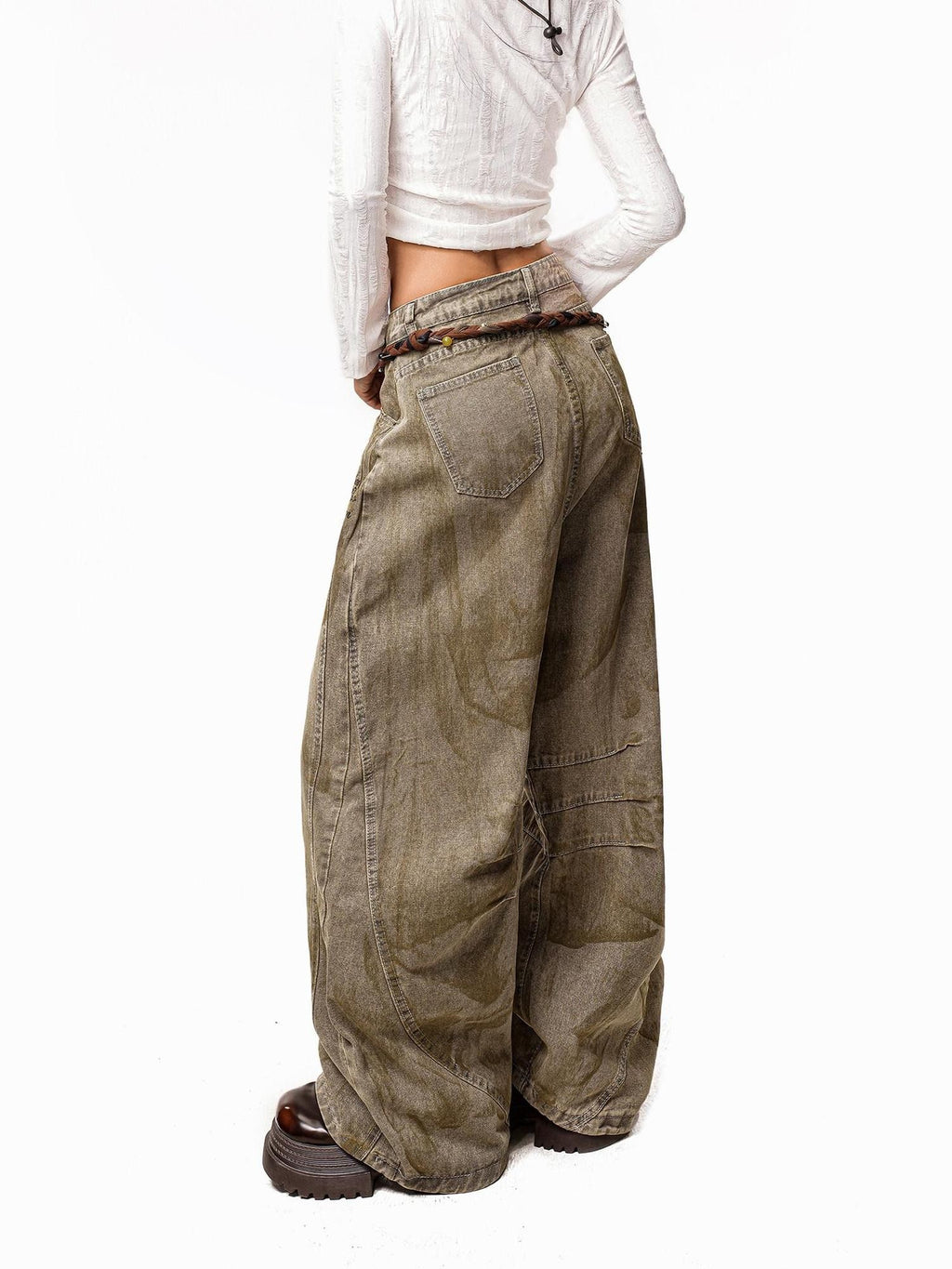 Arielink Wasteland Distressed Printed Women's Denim Low Rise Button Fly Wide-leg Jeans