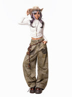 Arielink Wasteland Distressed Printed Women's Denim Low Rise Button Fly Wide-leg Jeans