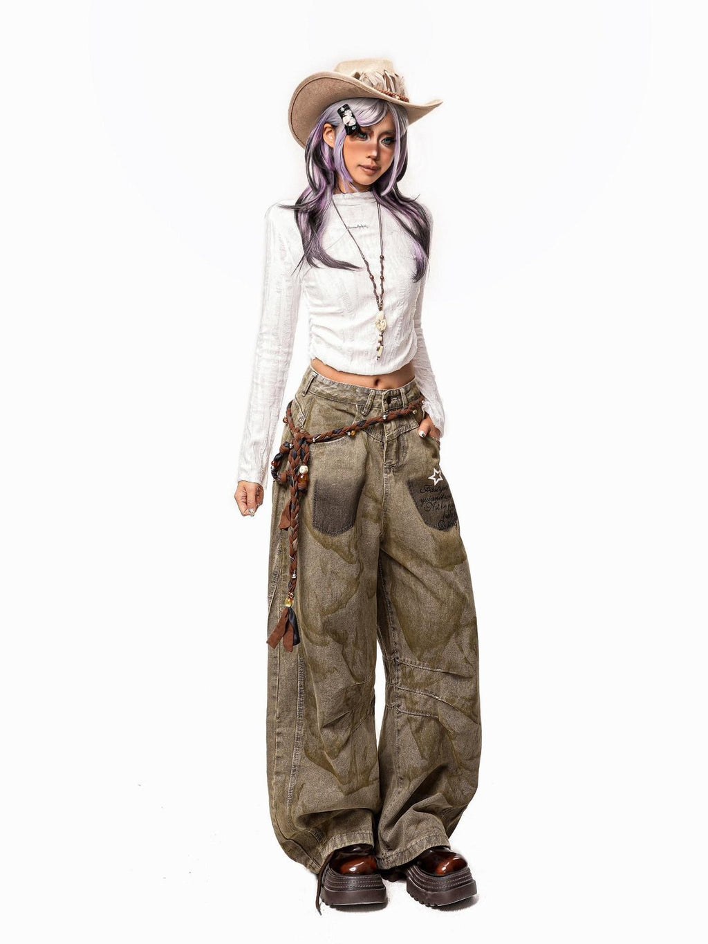 Arielink Wasteland Distressed Printed Women's Denim Low Rise Button Fly Wide-leg Jeans