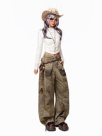 Arielink Wasteland Distressed Printed Women's Denim Low Rise Button Fly Wide-leg Jeans