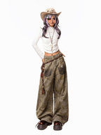 Arielink Wasteland Distressed Printed Women's Denim Low Rise Button Fly Wide-leg Jeans