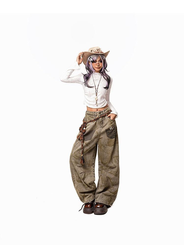 Arielink Wasteland Distressed Printed Women's Denim Low Rise Button Fly Wide-leg Jeans