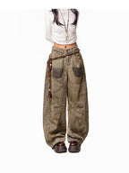 Arielink Wasteland Distressed Printed Women's Denim Low Rise Button Fly Wide-leg Jeans