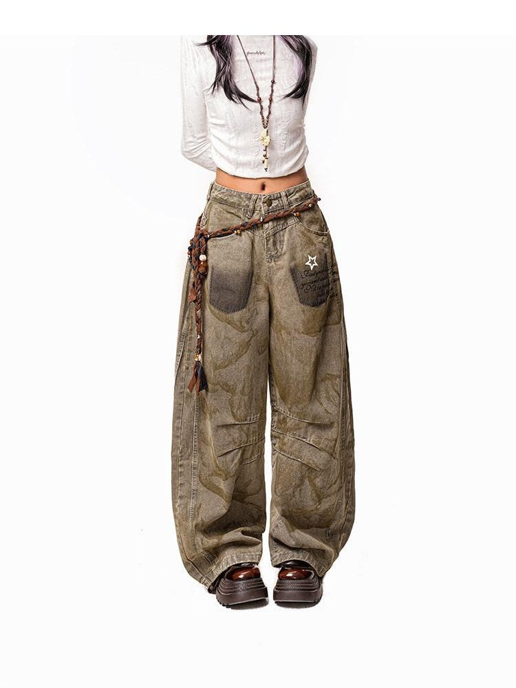 Arielink Wasteland Distressed Printed Women's Denim Low Rise Button Fly Wide-leg Jeans