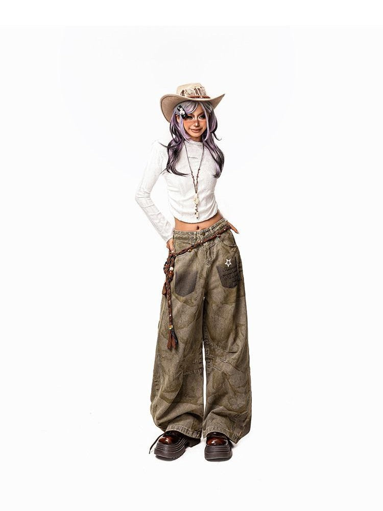 Arielink Wasteland Distressed Printed Women's Denim Low Rise Button Fly Wide-leg Jeans