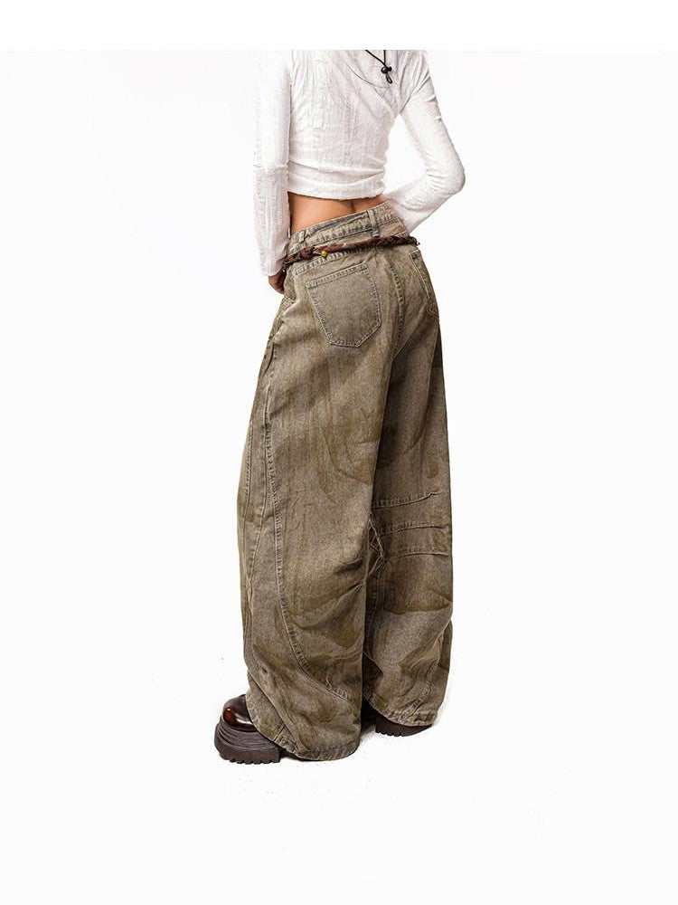 Arielink Wasteland Distressed Printed Women's Denim Low Rise Button Fly Wide-leg Jeans