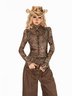 Arielink Western Leopard Mesh Distressed Slim Women's Faux Leather Vests