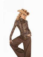 Arielink Western Leopard Mesh Distressed Slim Women's Faux Leather Vests