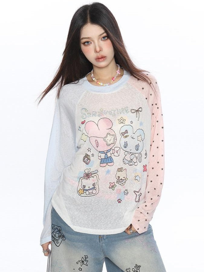 BIGGOLD STUDIO Anime Graphic Print Color Block Women's Cotton Long Sleeve T-shirts