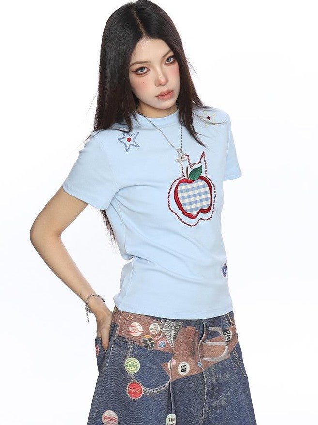 BIGGOLD STUDIO Apple Embroidered Print Straight Fit Women's Short Sleeve T-shirts