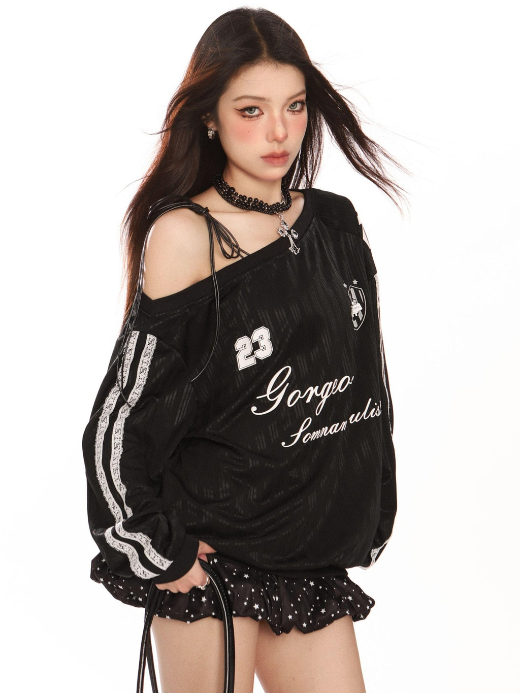 BIGGOLD STUDIO Asymmetric Lace Up Letter Print Women's Long Sleeve T-shirts