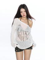 BIGGOLD STUDIO Asymmetric Off Shoulder Print Loose Fit Cotton Women's Long Sleeve T-shirts