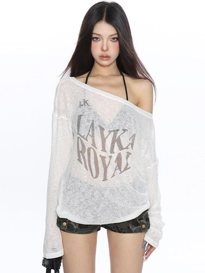 BIGGOLD STUDIO Asymmetric Off Shoulder Print Loose Fit Cotton Women's Long Sleeve T-shirts