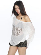 BIGGOLD STUDIO Asymmetric Off Shoulder Print Loose Fit Cotton Women's Long Sleeve T-shirts