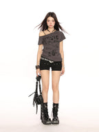 BIGGOLD STUDIO Asymmetric Print Slanted Neck Women's Short Sleeve T-shirts