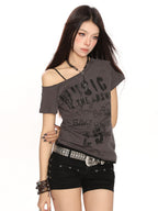 BIGGOLD STUDIO Asymmetric Print Slanted Neck Women's Short Sleeve T-shirts