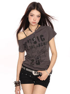 BIGGOLD STUDIO Asymmetric Print Slanted Neck Women's Short Sleeve T-shirts