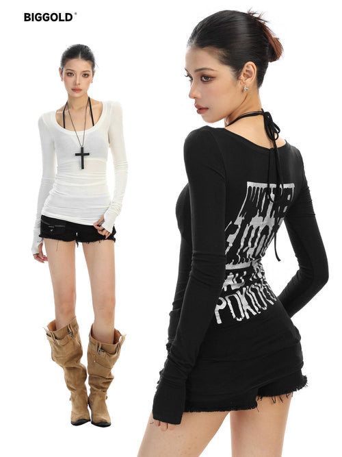 BIGGOLD STUDIO Back Print U Neck Ruched Slim Fit Women's Long Sleeve T-shirts