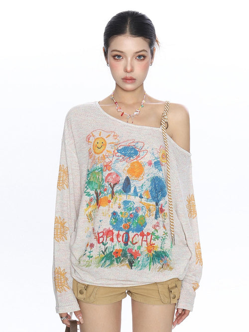 BIGGOLD STUDIO Cartoon Hand Drawn Graffiti Print Asymmetric Shoulder Women's Cotton Long Sleeve T-shirts