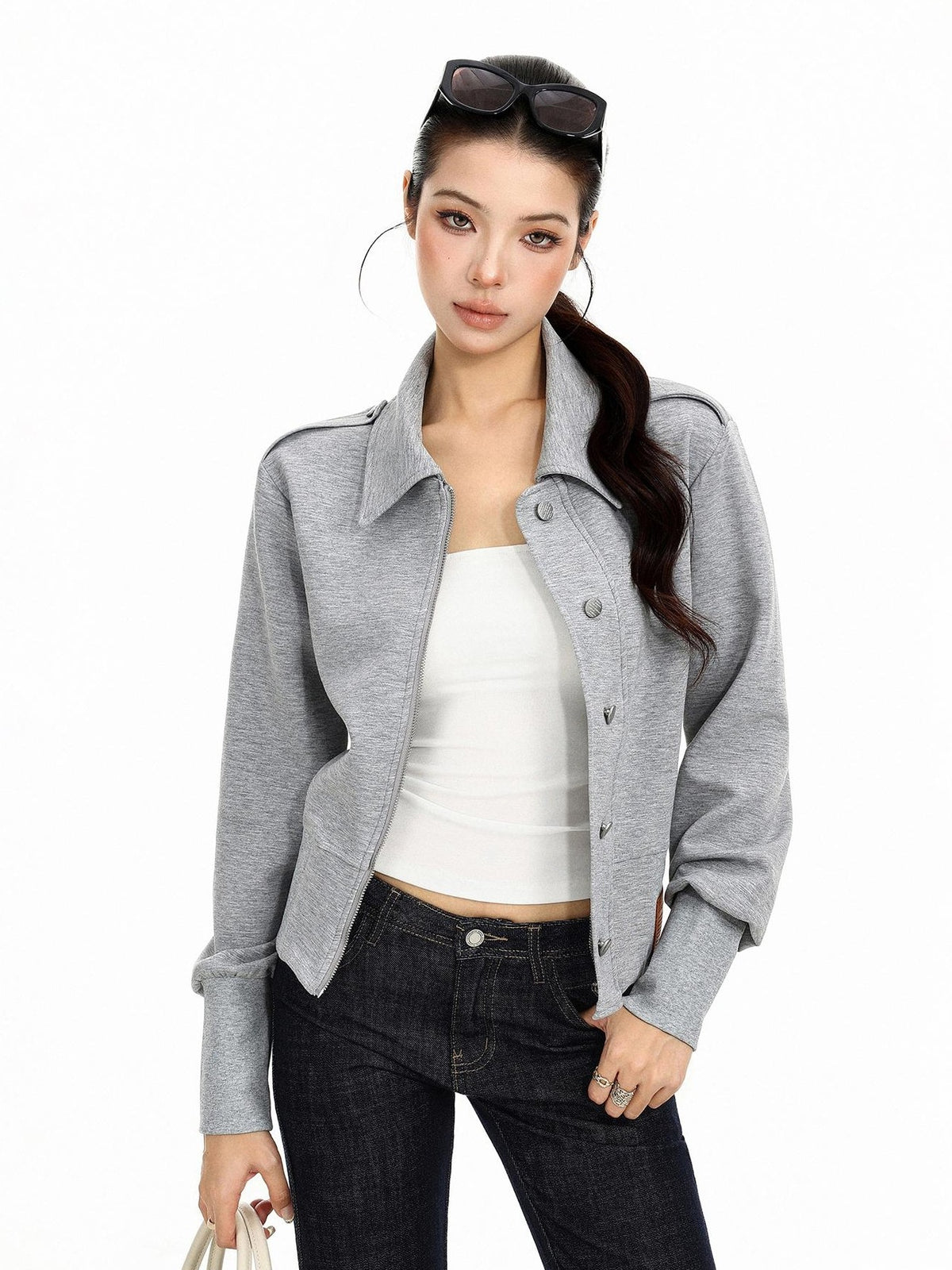 BIGGOLD STUDIO Cropped Button Up Epaulet Leather Patch Women's Overshirts