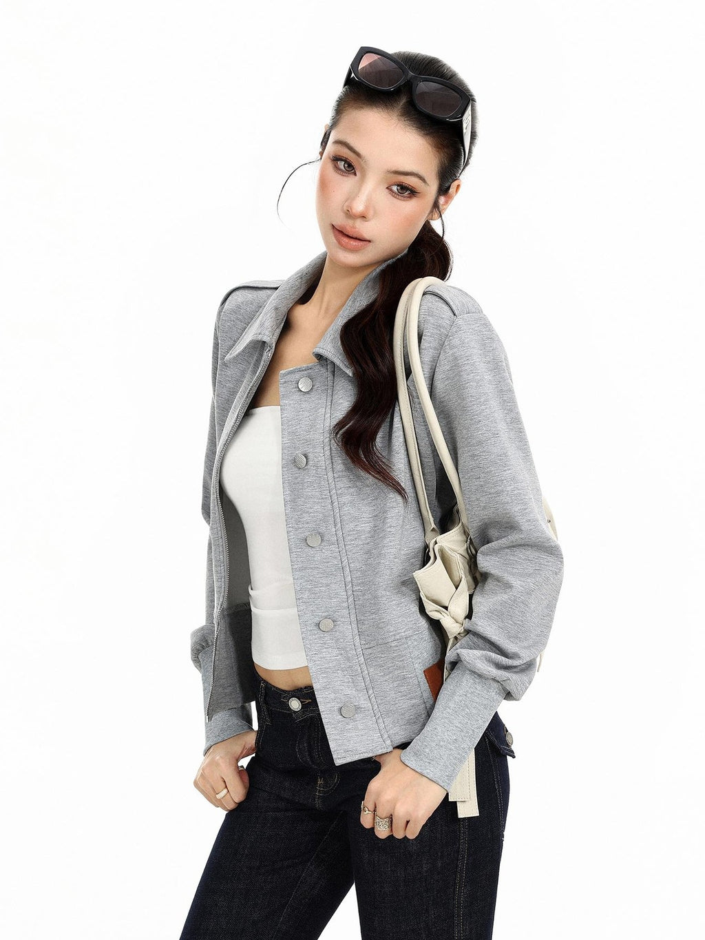 BIGGOLD STUDIO Cropped Button Up Epaulet Leather Patch Women's Overshirts
