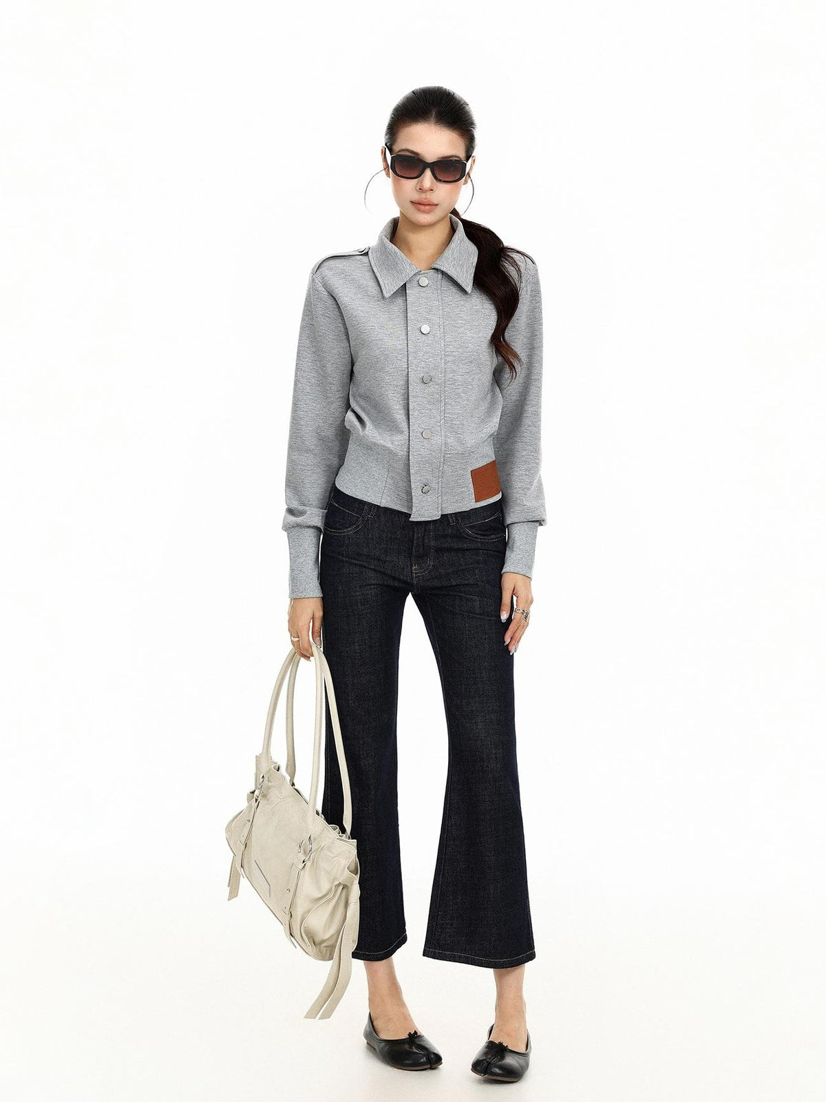 BIGGOLD STUDIO Cropped Button Up Epaulet Leather Patch Women's Overshirts