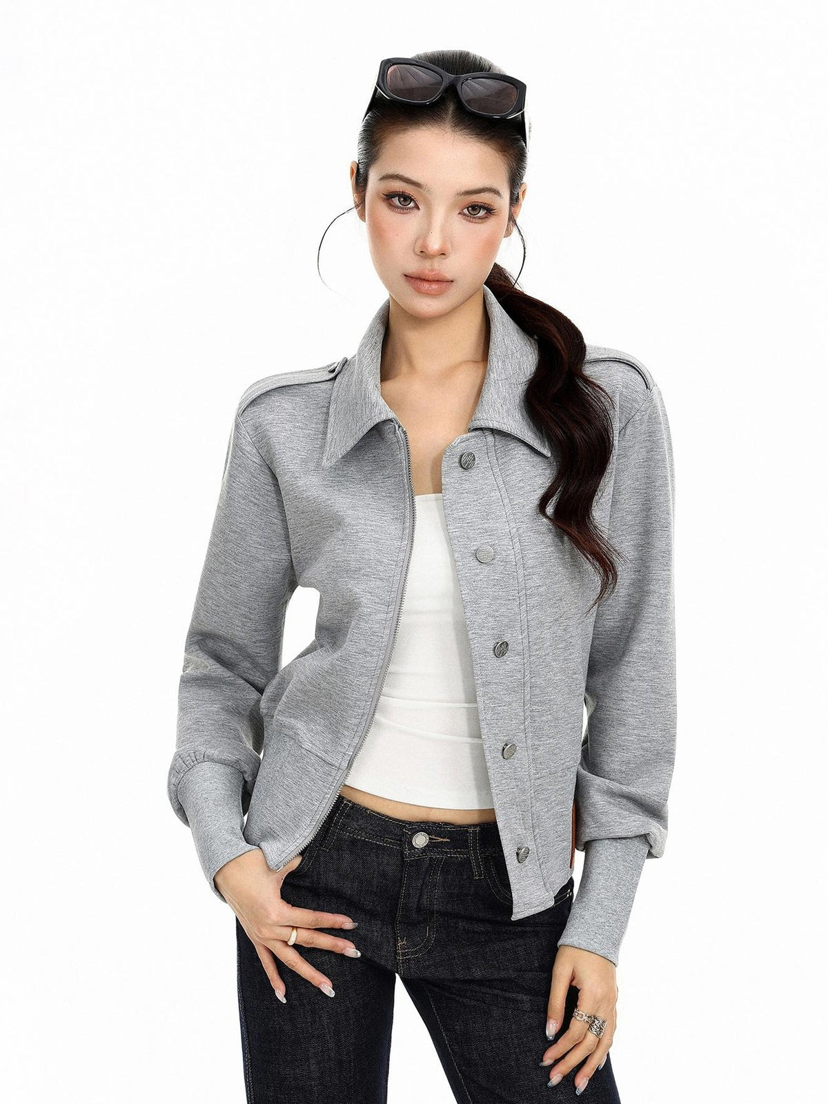 BIGGOLD STUDIO Cropped Button Up Epaulet Leather Patch Women's Overshirts