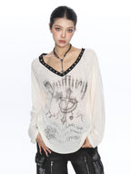 BIGGOLD STUDIO Cross Print Loose Fit V-neck Women's Cotton Long Sleeve T-shirts