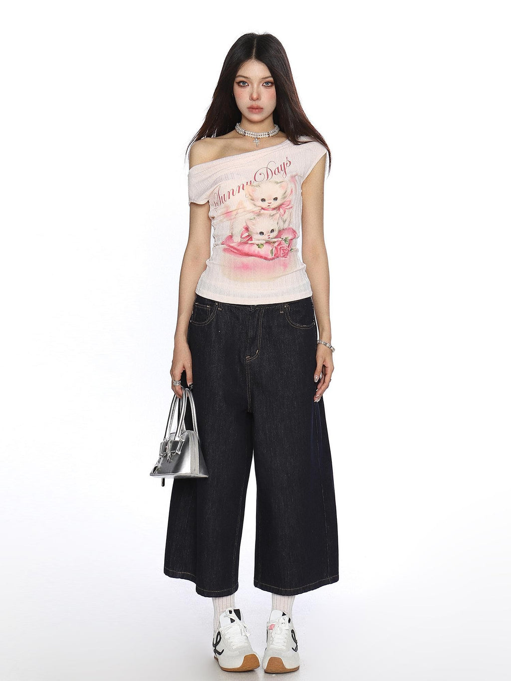 BIGGOLD STUDIO Cute Cat Print Asymmetric One Shoulder Slim Cropped Women's Short Sleeve T-shirts