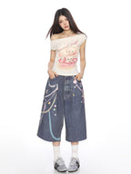 BIGGOLD STUDIO Cute Cat Print Asymmetric One Shoulder Slim Cropped Women's Short Sleeve T-shirts